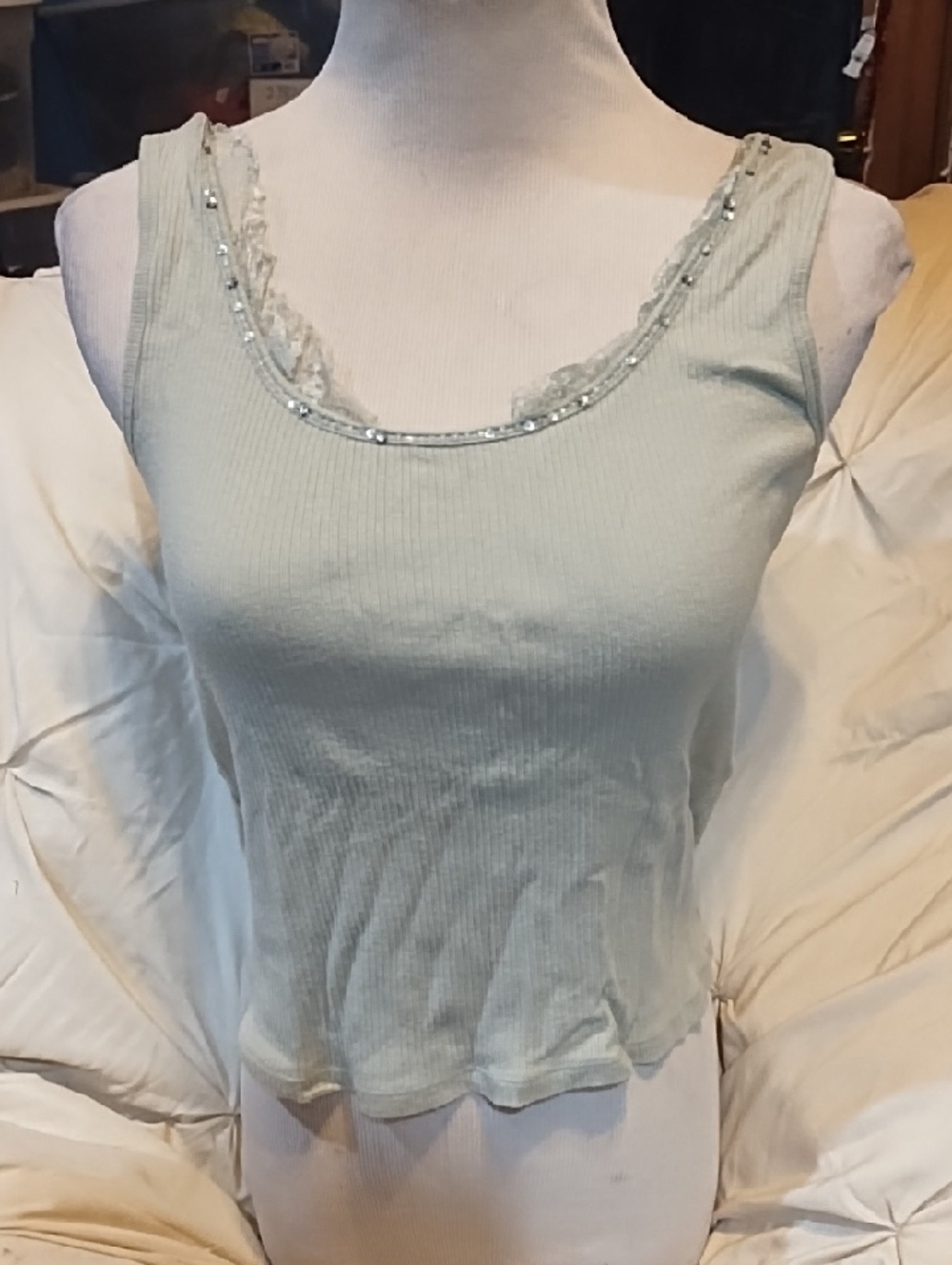 Intuitions Sleeveless Lace-Trim Ribbed Tank Top - Light Sage